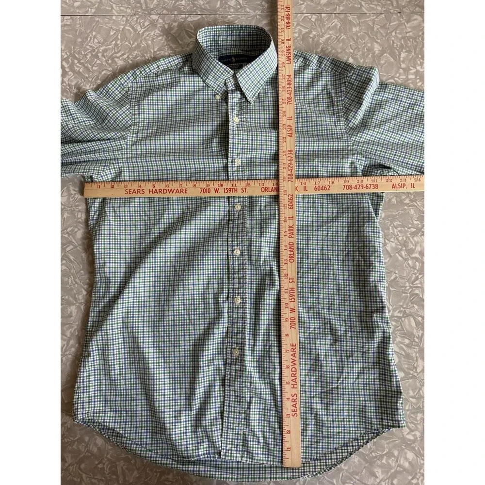 Ralph Lauren Men's M Classic Fit Green Blue White Check Cotton Stretch Shirt - Picture 5 of 7